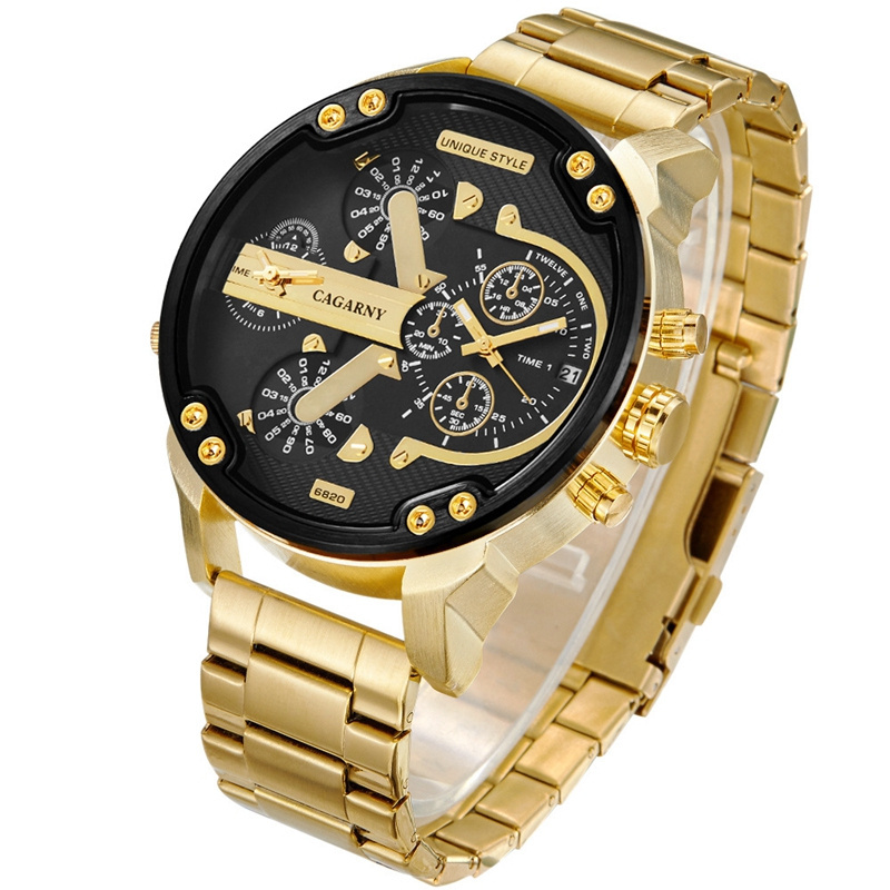 Luxury Cagarny Mens Big Dial Date Waterproof Sport Gold Quartz Wrist Watch