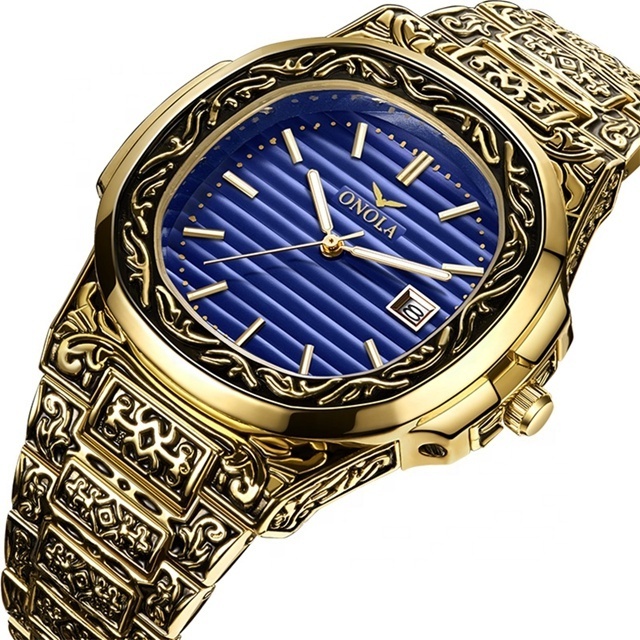 Luxury Brand ONOLA Retro Golden Stainless Steel Date Quartz Watch Reloj Hombre