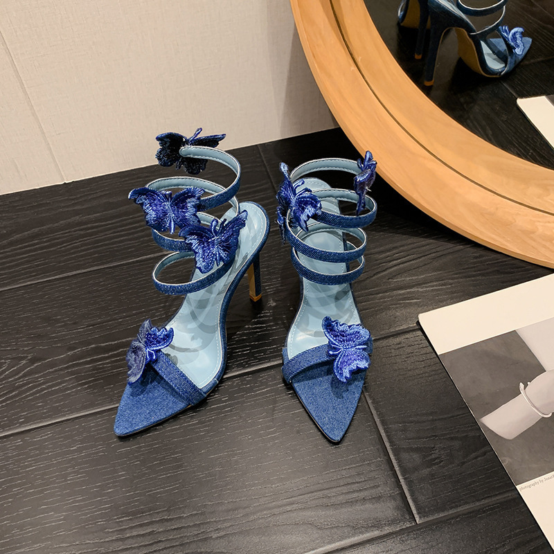 SHIKOL XSD417 manufacturer wholesale blue denim sandals for women high heels shoes size 42 fashion sexy ladies butterfly heels