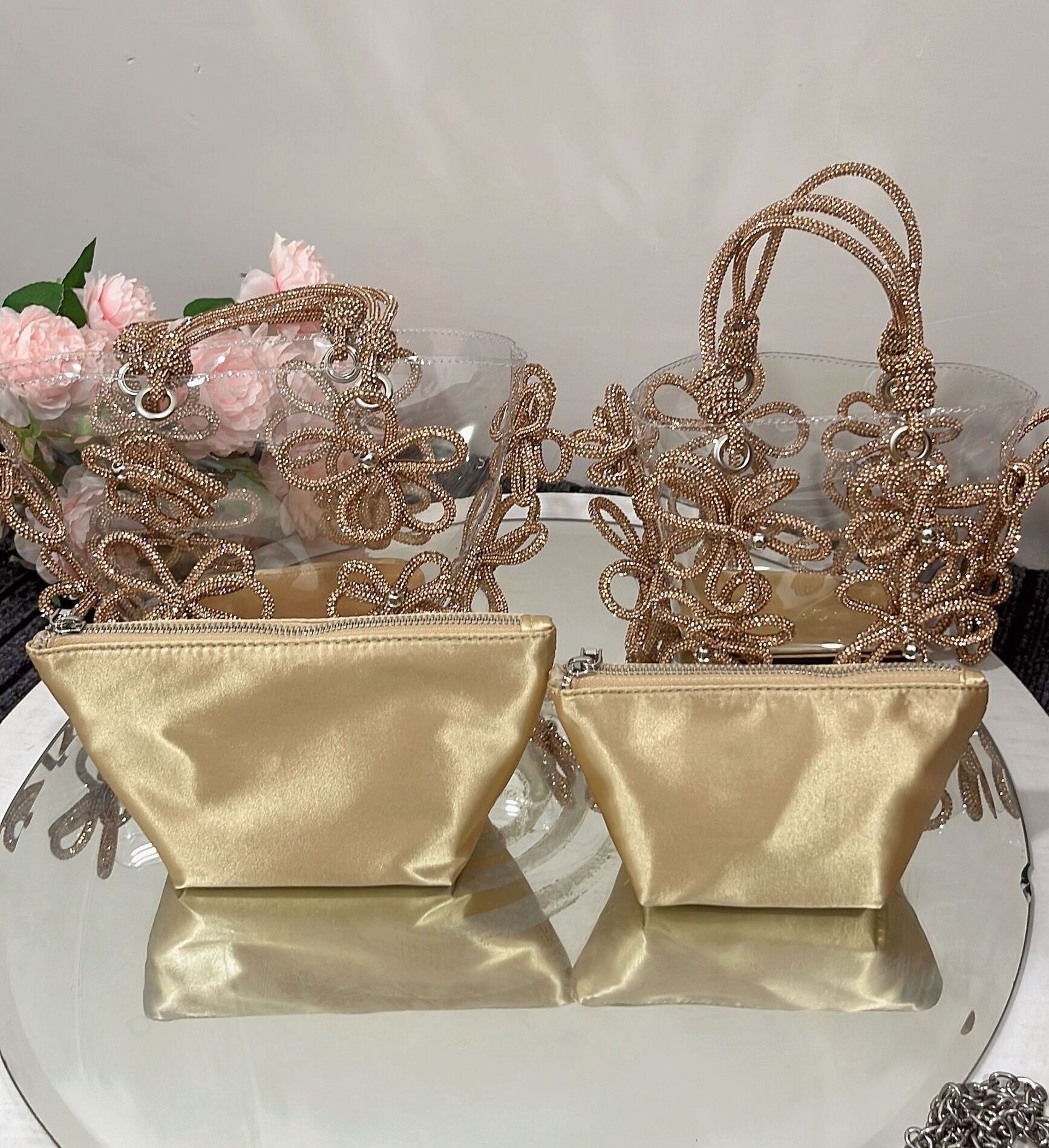 SHIKOL Hot Pink Sliver Gold Flower Rhinestone Bucket Bags For Women Silk Pouch Handbag Crystal PVC Tote Bag Women Bags