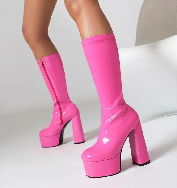 SHIKOL MH4129 Hot pink white leather boots women shoes fashion zip platform 14cm thick high heels for ladies knee high boots