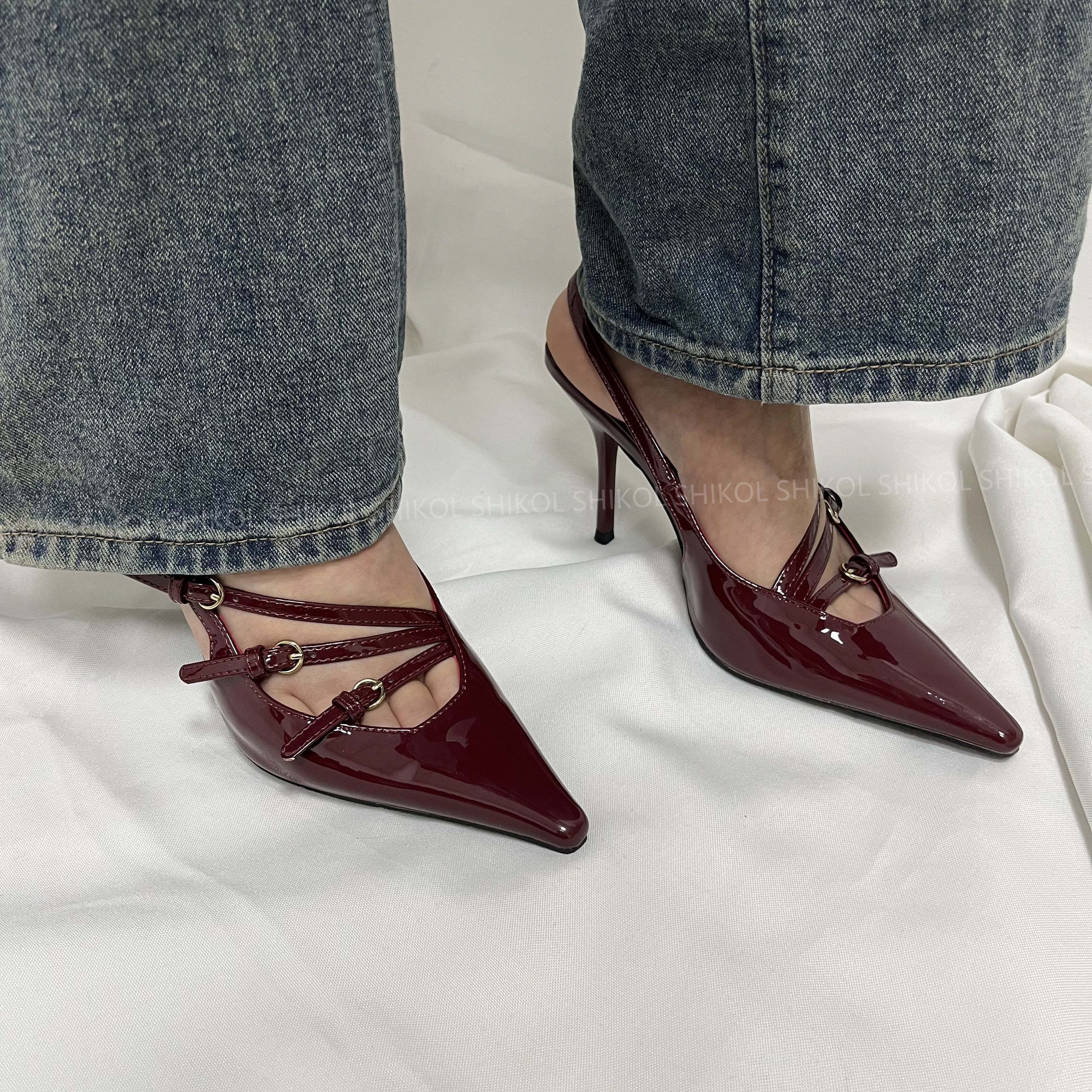 SHIKOL pumps high heels shoes for women 2024 fashion sandals women's shoes thin strap buckle size 10 burgundy high heels shoes