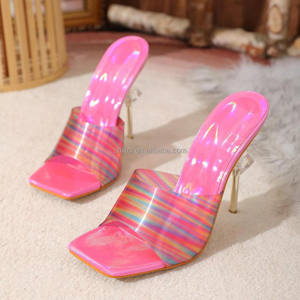 SHIKOL crystal diamond heels for ladies hot pink rainbow slippers ladies sandals dress party shoes summer fashion high heels