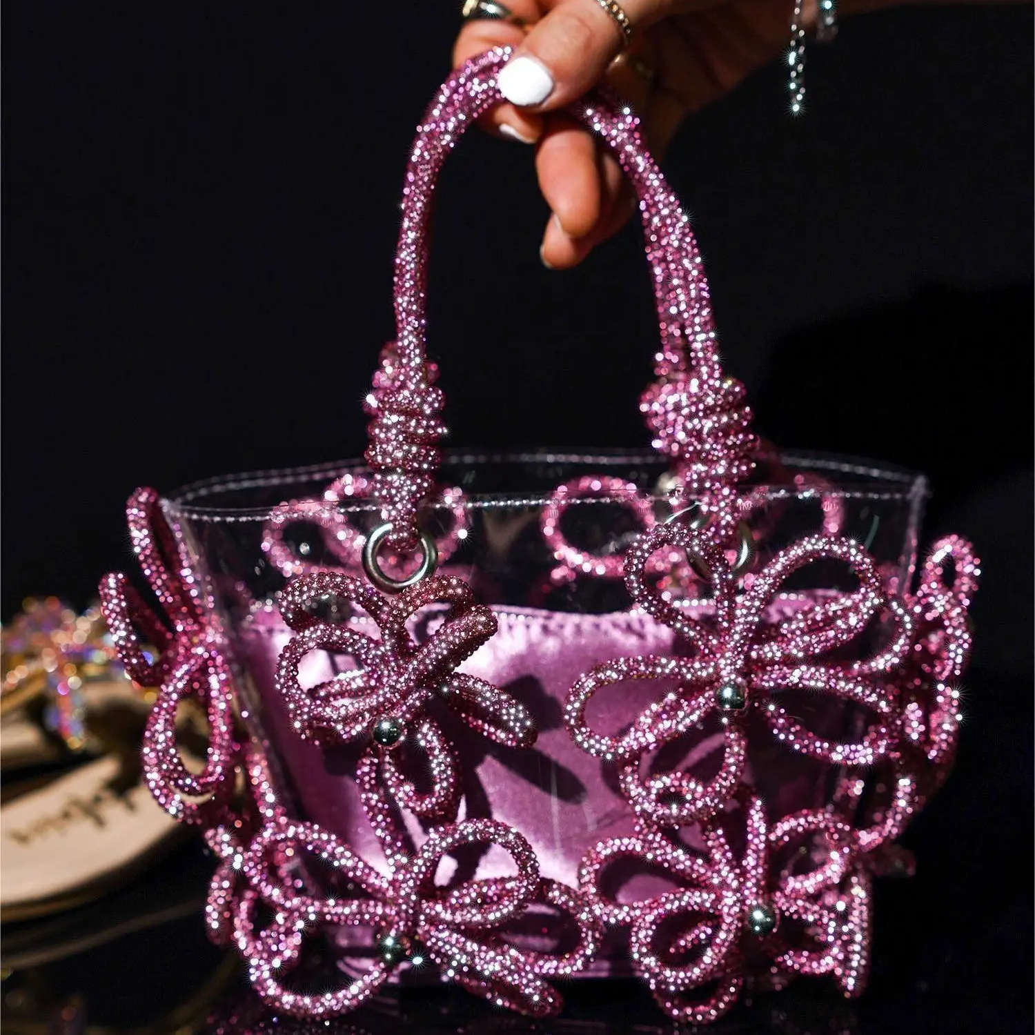 SHIKOL Hot Pink Sliver Gold Flower Rhinestone Bucket Bags For Women Silk Pouch Handbag Crystal PVC Tote Bag Women Bags