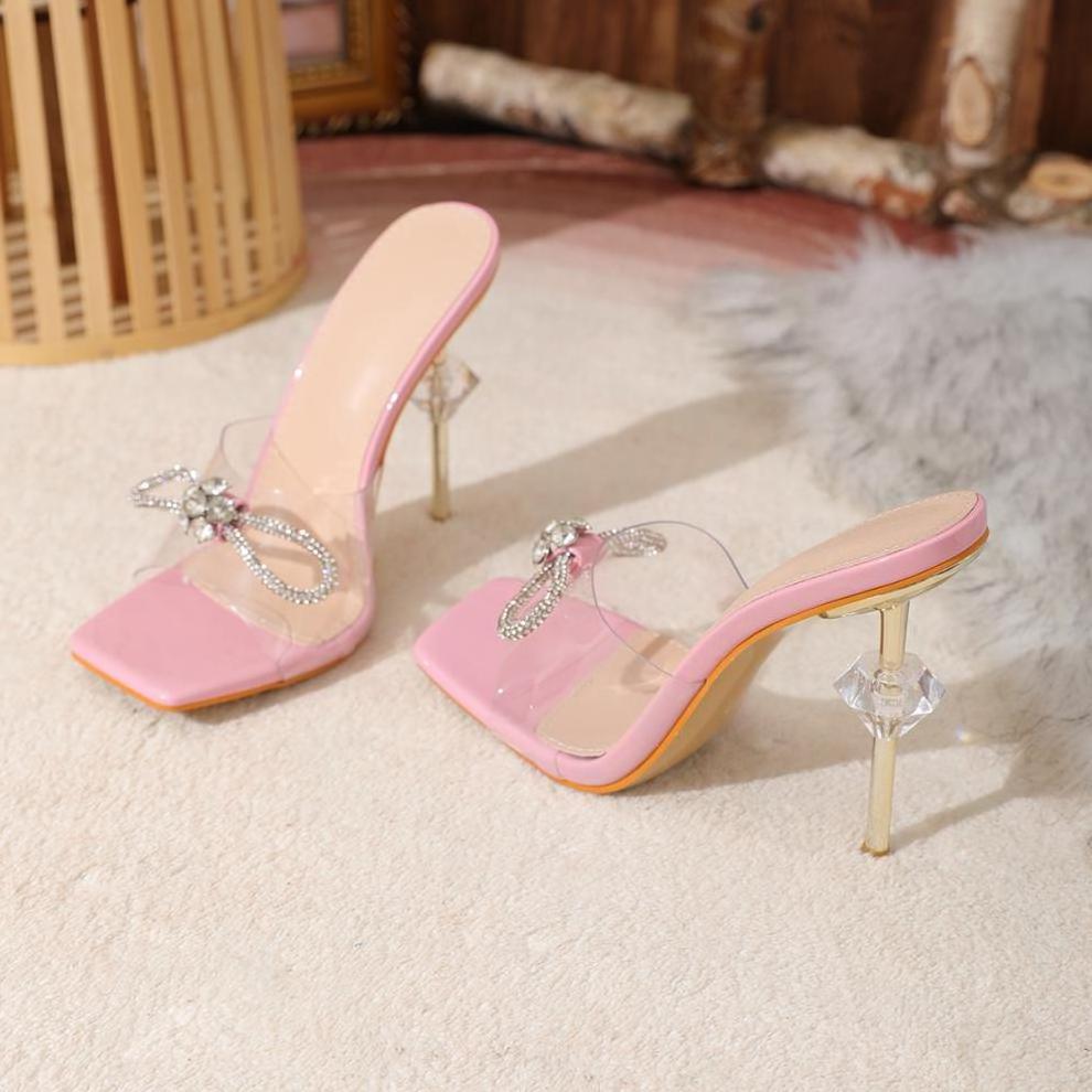 SHIKOL 2024 summer fashion music festival party shoes clear PVC heeled sandals for women rhinestone bow crystal high heels