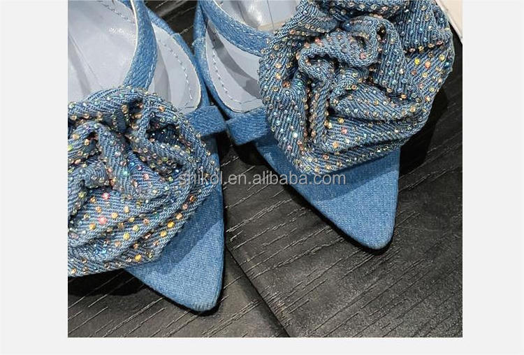 SHIKOL black blue denim sandals rhinestone rose high heels shoes for women custom birthday party dress shoes heels for ladies