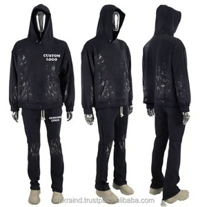 Custom paint splatters tracksuit sweat track suit men vintage acid wash flare stacked sweat pants and hoodie 2 piece se