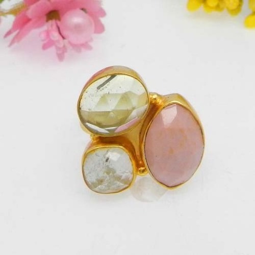 Pink opal aqua crackle glass and green amethyst hydro gold plated bezel adjustable ring