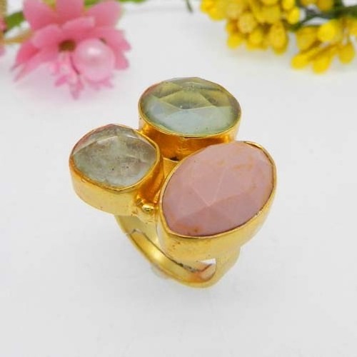 Pink opal aqua crackle glass and green amethyst hydro gold plated bezel adjustable ring