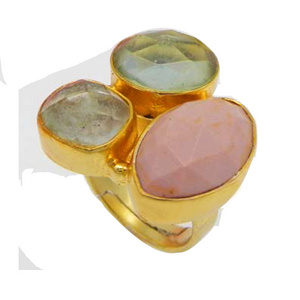 Pink opal aqua crackle glass and green amethyst hydro gold plated bezel adjustable ring