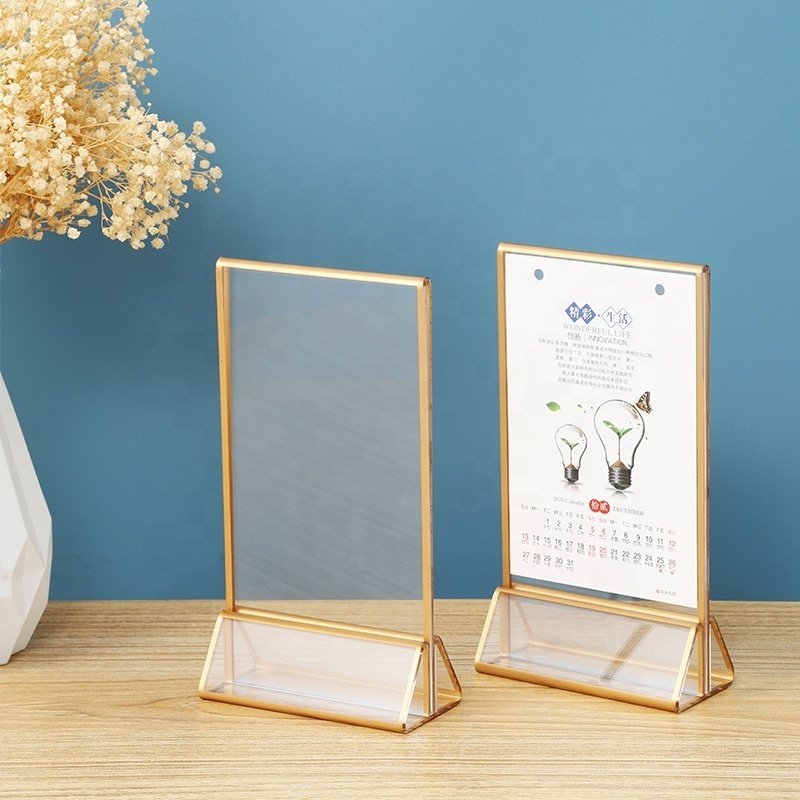 Customized Clear Acrylic Double Sided Frames Gold Borders sign holder For Wedding Table Numbers Clear Photos Menu Holders