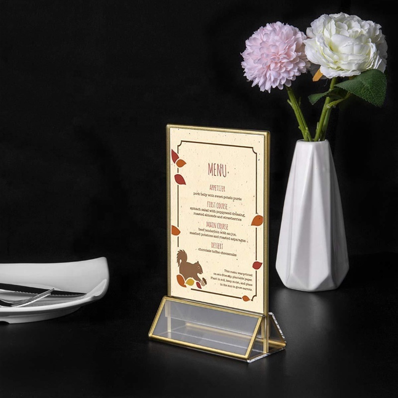 Customized Clear Acrylic Double Sided Frames Gold Borders sign holder For Wedding Table Numbers Clear Photos Menu Holders