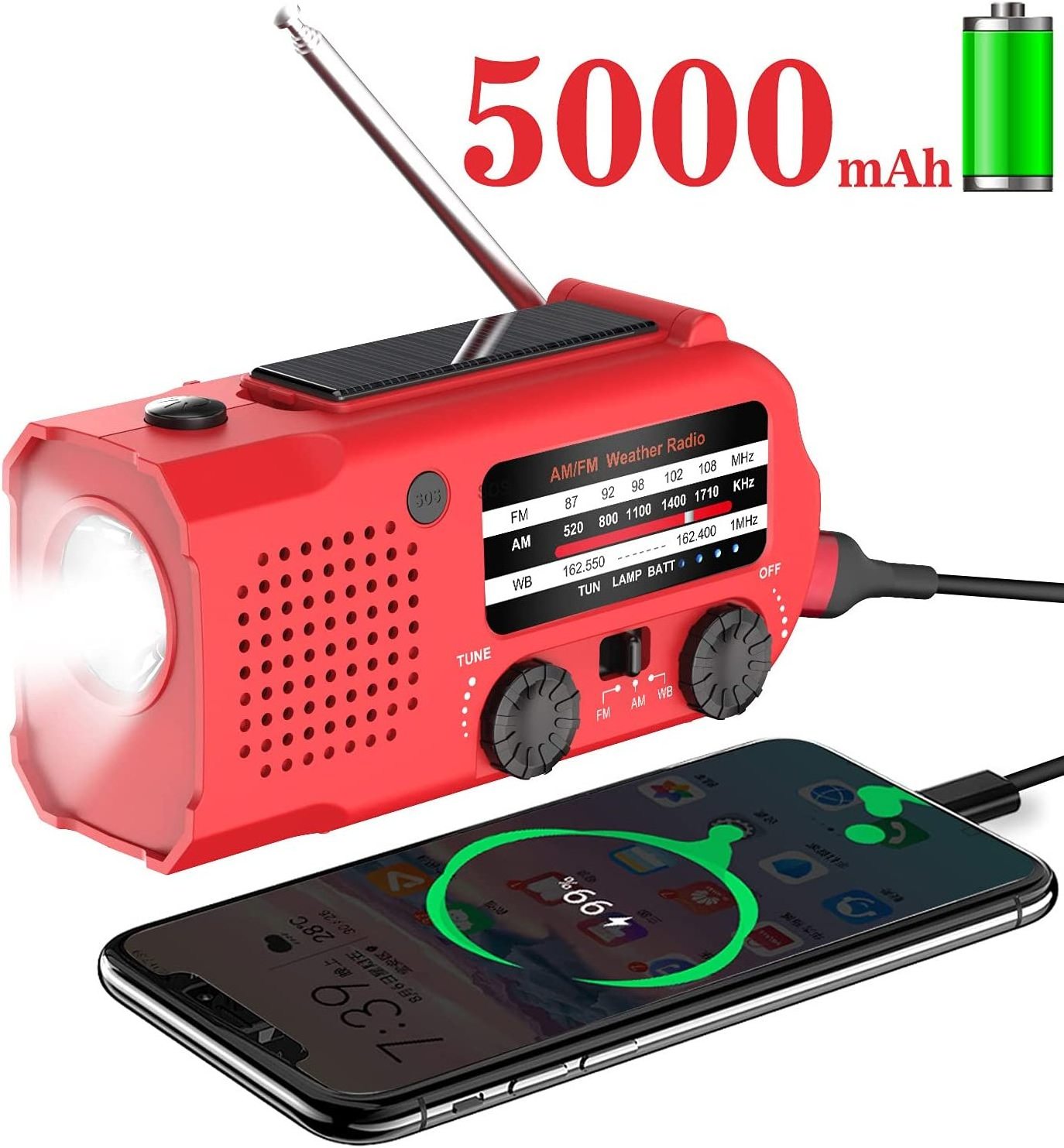 Upgraded 5000maH Power Bank  Emergency Weather Radio Solar Hand Crank AM FM NOAA Portable Radio with 3W Flashlight Reading Lamp