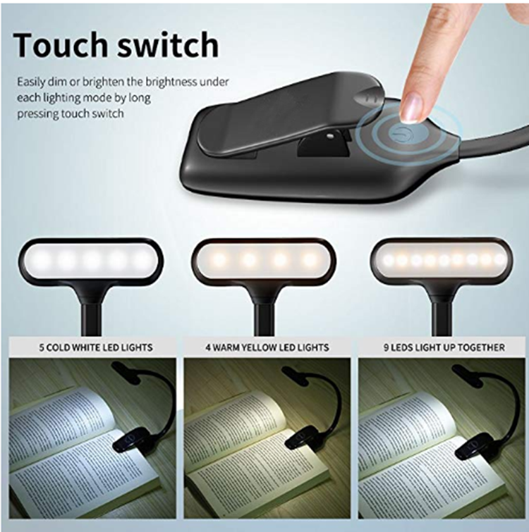 9 LED Book Light Clip on, Rechargeable Clip Reading Light  Portable Music Stand Light, Lightweight Clip Light