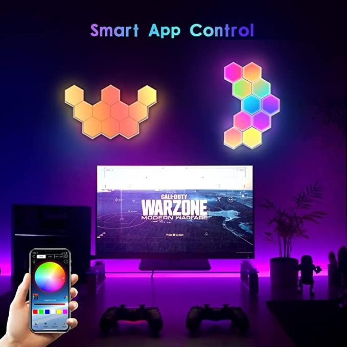 APP Control Hexagon Light 6 Pack Smart LED Wall Lights Modular Music Sync RGBIC Lamp Aesthetic Gaming Room Streaming Decor