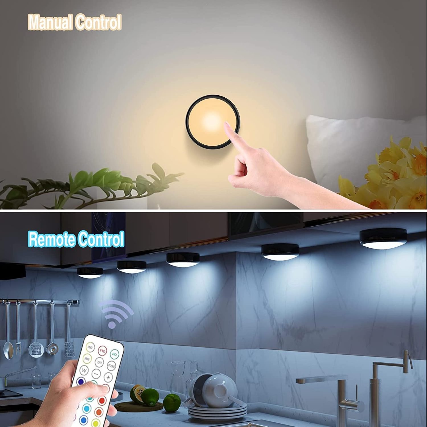 Battery Operated Wireless Under Counter Lights for Kitchen LED Under Cabinet Lighting RGB Puck Lights with Remote