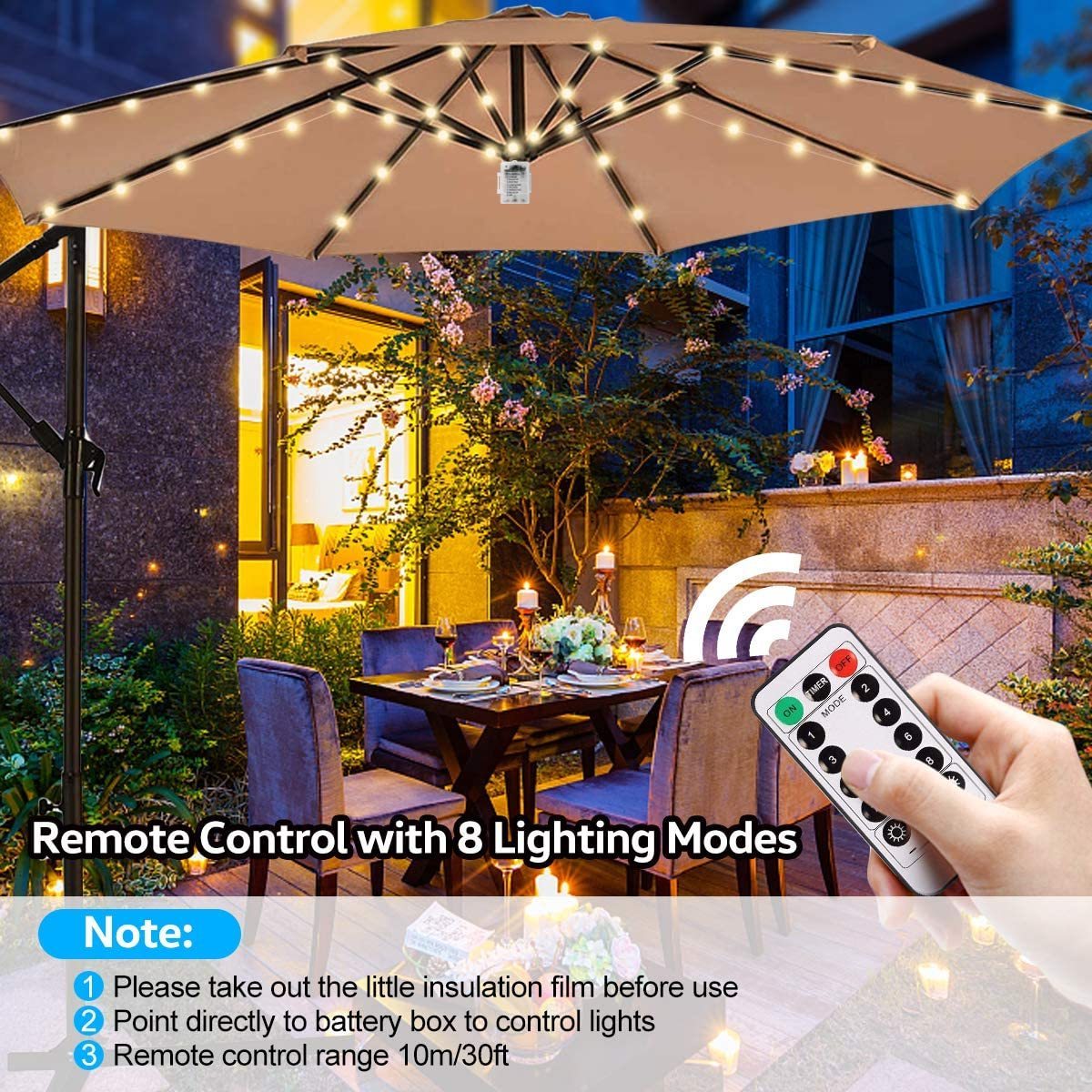 3AA Battery Operated 8 Brightness Modes  Outdoor Umbrella Pole Light  104 LEDs  Waterproof Patio Umbrella Light String Lights