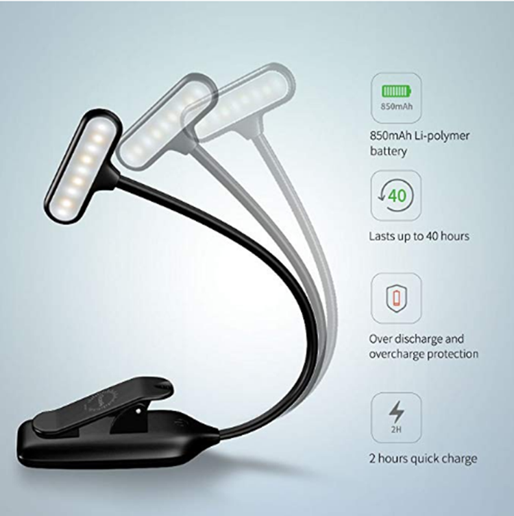 9 LED Book Light Clip on, Rechargeable Clip Reading Light  Portable Music Stand Light, Lightweight Clip Light