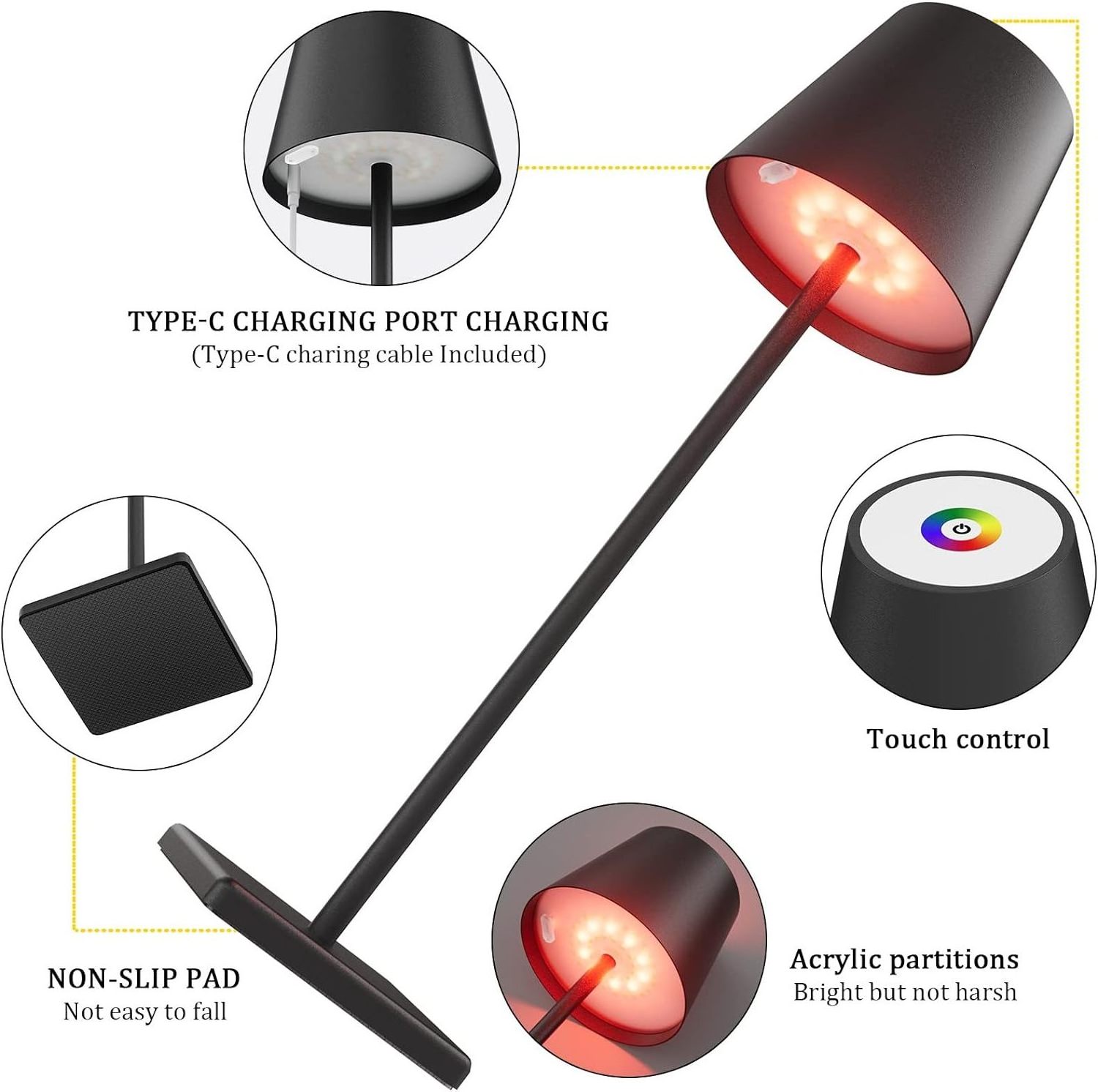 Rechargeable Dimmable Table Lamp Wireless Touch Desk Night Light RGB Aluminum Crystal Round USB Rechargeable LED Desk Lamp,led