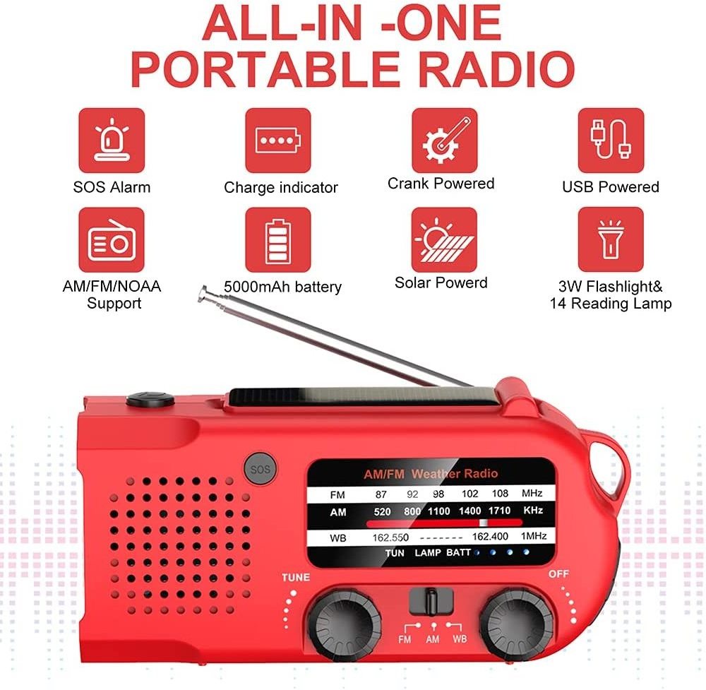 Upgraded 5000maH Power Bank  Emergency Weather Radio Solar Hand Crank AM FM NOAA Portable Radio with 3W Flashlight Reading Lamp