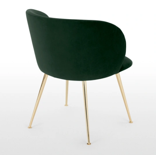 Soft dark green  fabric dining chair with slim golden powder coated metal legs velvet leisure chair