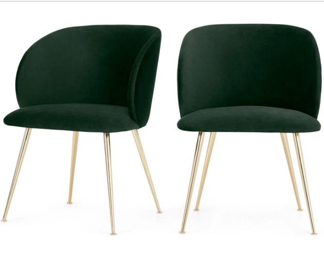 Soft dark green  fabric dining chair with slim golden powder coated metal legs velvet leisure chair