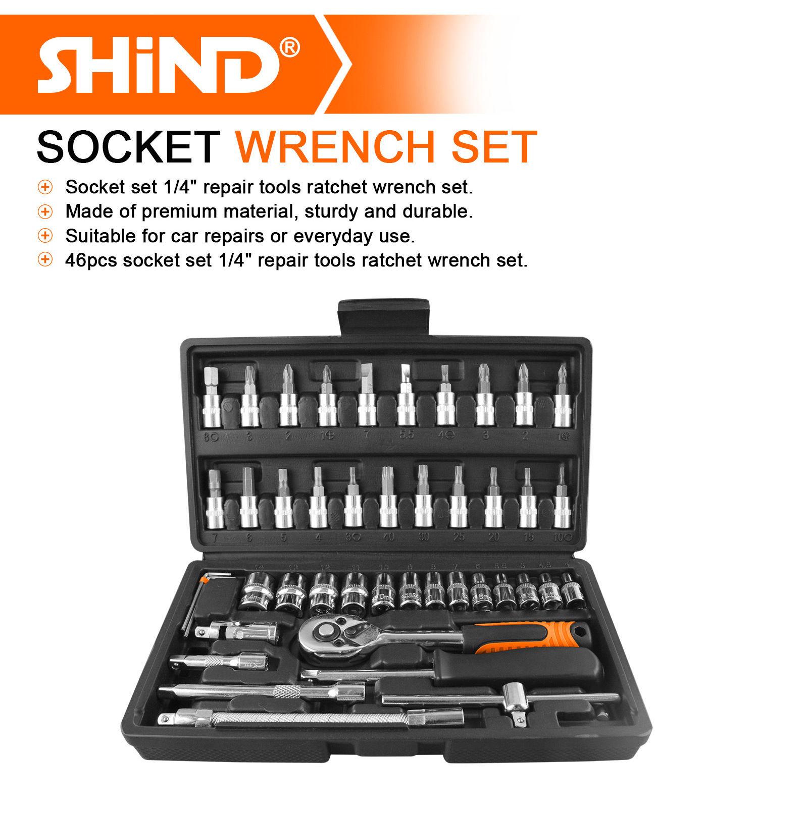 Shind 31513 Ratchet Wrench Tools Kit Screwdriver Drive Socket Bit Set for Auto Repairing tools 46 pcs 1/4