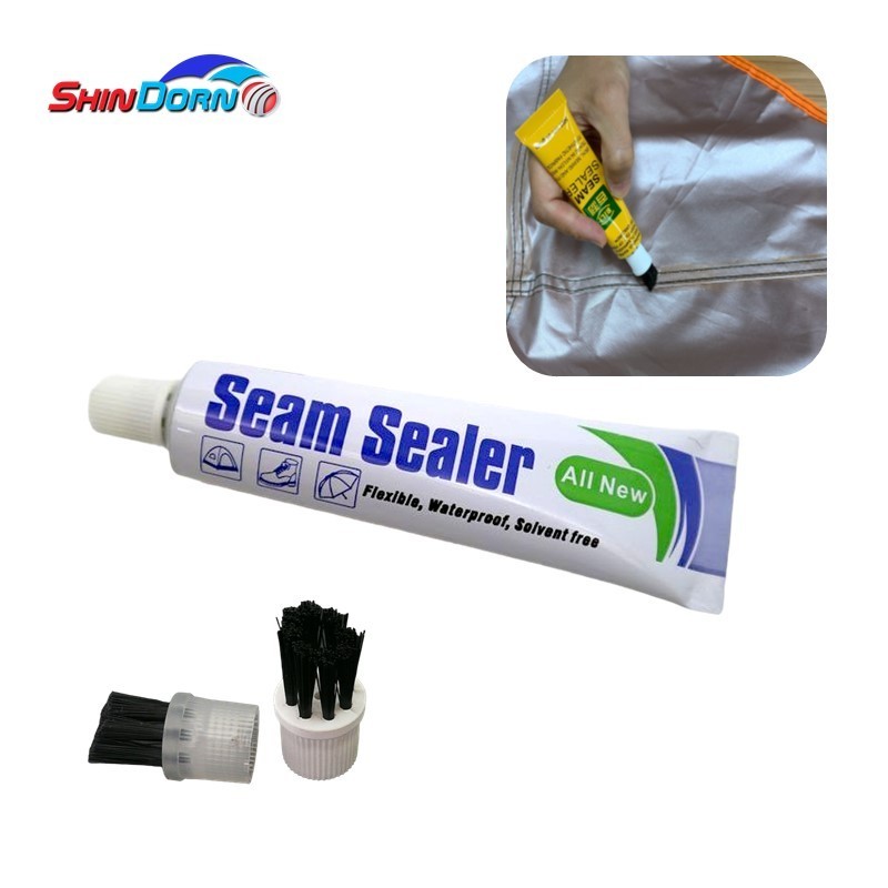 Tent seam sealer glue tube with applicator brush