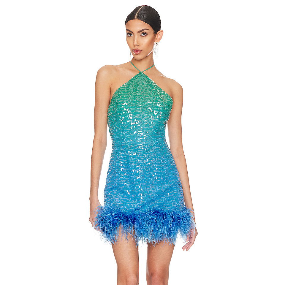 Formal Party Dress Green Feather Backless Halter Sequin Evening Mini Dress with Feathers