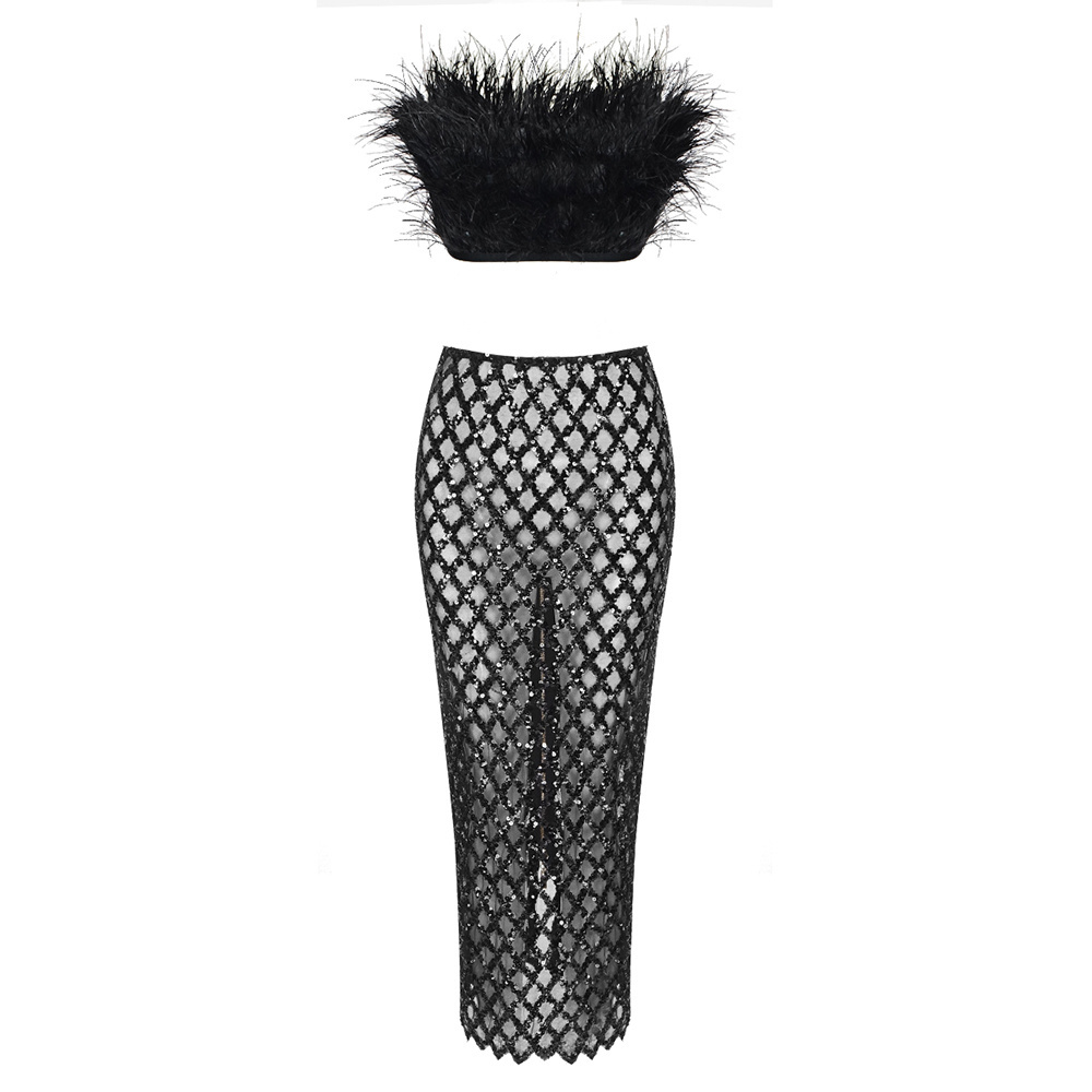 New Arrival Two-piece Set Ladies Ostrich Feathers Sexy Sleeveless Tops Hollow With Diamonds Skirt