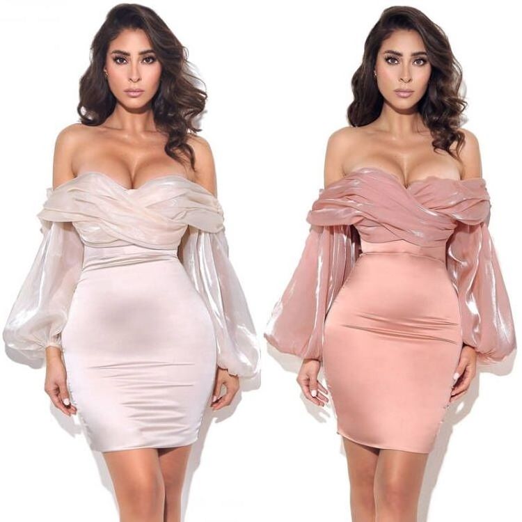 Pink Off the Shoulder Ruffle Sleeve Mini Dresses Women Strapless Bodycon Corset Satin Dress