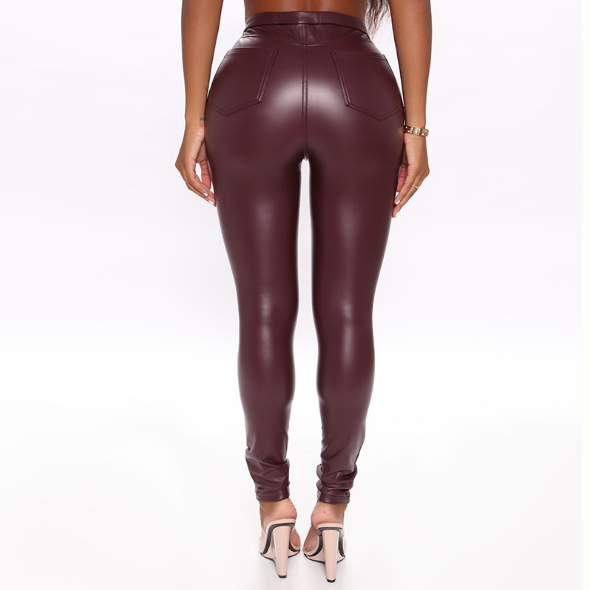 Custom Elasticity Black Trousers Women High Waist Vegan PU Leather Pants with Pockets