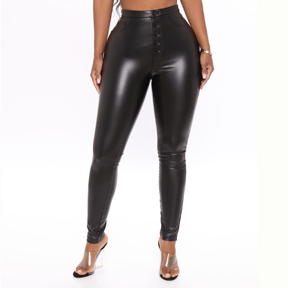 Custom Elasticity Black Trousers Women High Waist Vegan PU Leather Pants with Pockets