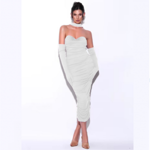 New Arrival Halter Bodycon Ruffle Mesh Patchwork Bandage Dress Evening Gown Dress Elegant and Gloves