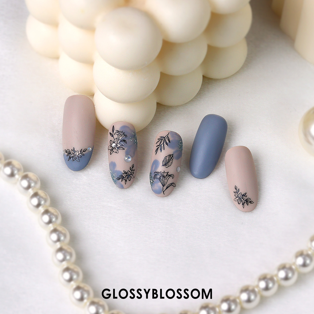 GLOSSYBLOSSOM Botanic-Glam Black Nail deco stickers pink background black frame Butterfly snake flower moon obeject