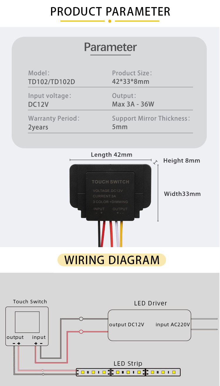 Shinechip Cheap 12V 3A 36W Single Touch monochrome Bathroom Smart LED Mirror Touch Sensor Dimmer Switch