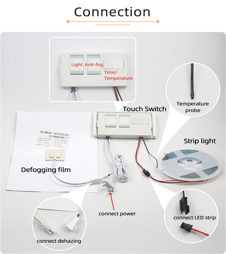 Shinechip 2 Keys Dimmer Clock Time Date Temperature Anti-fog Defogger Control LED Mirror Touch Switch