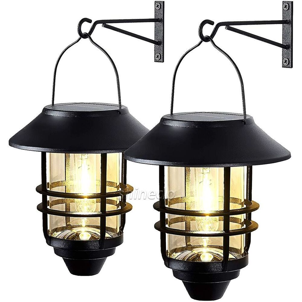 Solar Outdoor Lights Hanging Metal Waterproof Clear Glass & Hook Solar Lantern Light