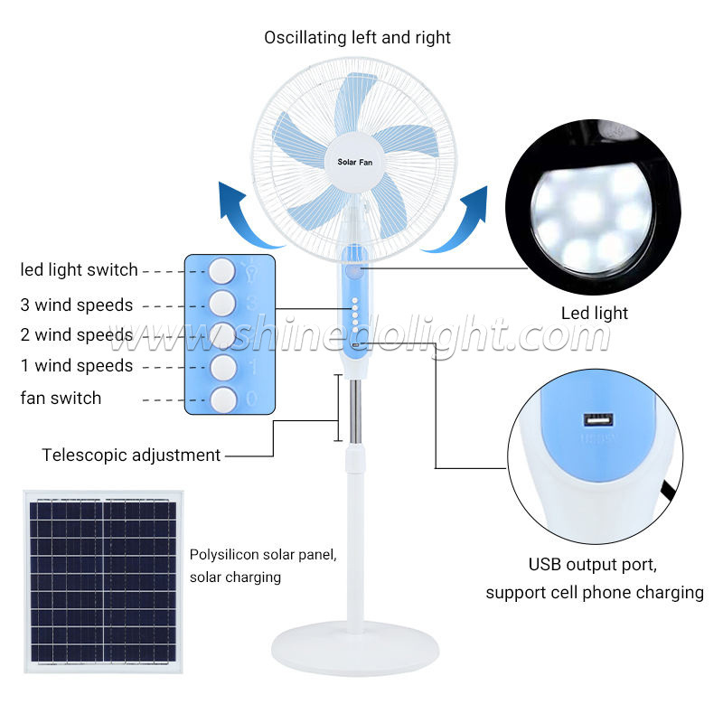 Rechargeable standing fan floor solar fan Built-in lithium battery and USB solar rechargeable fan