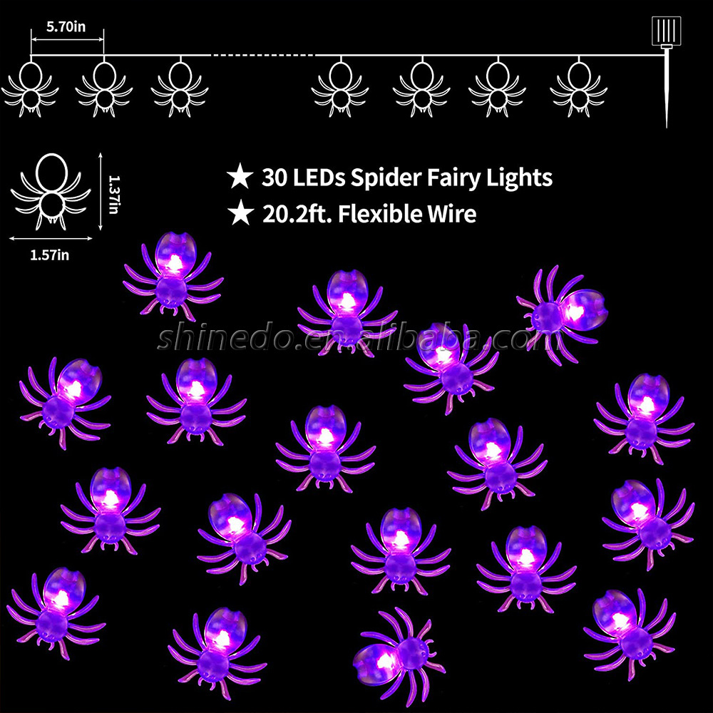 21ft Purple Halloween 30 LEDs Spider Fairy Lights Waterproof Solar String Light