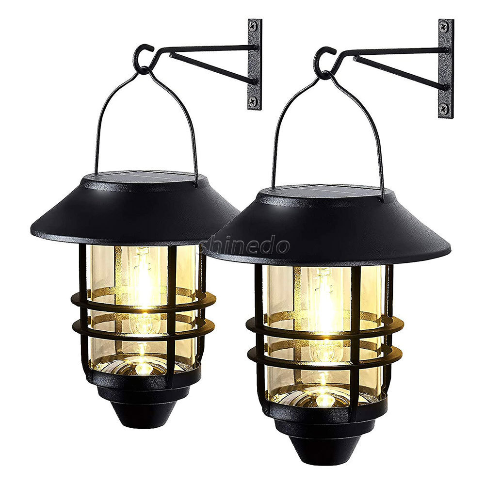 Solar Outdoor 2 pack Lights Hanging Metal Waterproof Clear Glass & Hook Solar Lantern Light