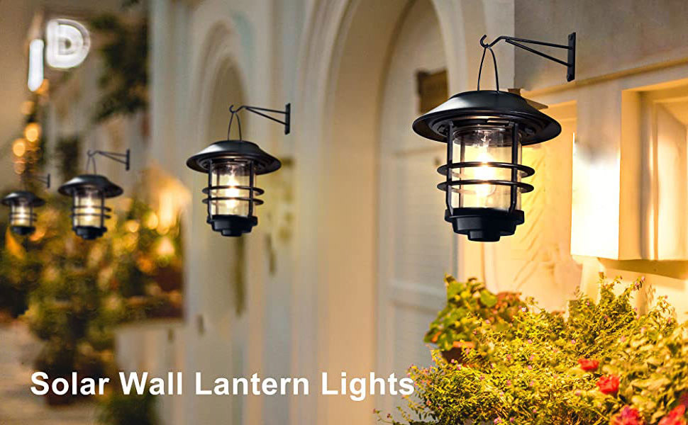 Solar Outdoor 2 pack Lights Hanging Metal Waterproof Clear Glass & Hook Solar Lantern Light