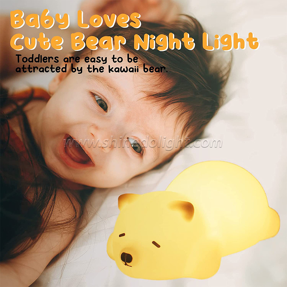 Sleeping Bear Night Light, Soft Animal Silicone Night Light for Kids Room Bedroom, Portable USB Rechargeable baby night light