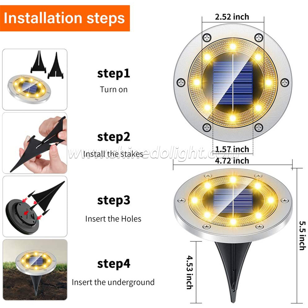 Bright Warm Solar Ground Light 8LED Solar Disc Light Outdoor Waterproof Solar Garden Light Suitable for Garden and Yard