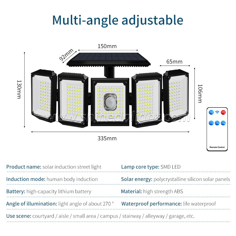 Solar security Light 300 LED IP65 waterproof motion sensor Outdoor 5 head remote control wall light solar light