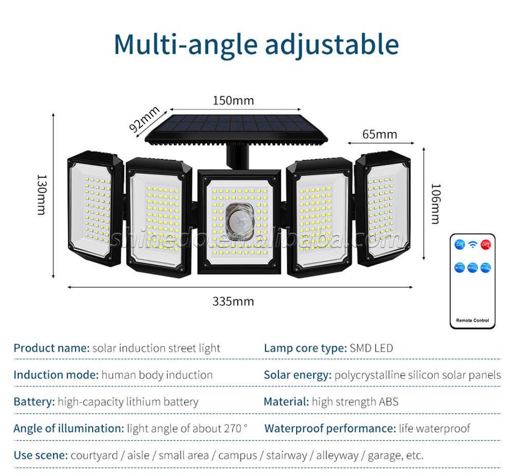 Solar security Light 300 LED IP65 waterproof motion sensor Outdoor 5 head remote control wall light solar light