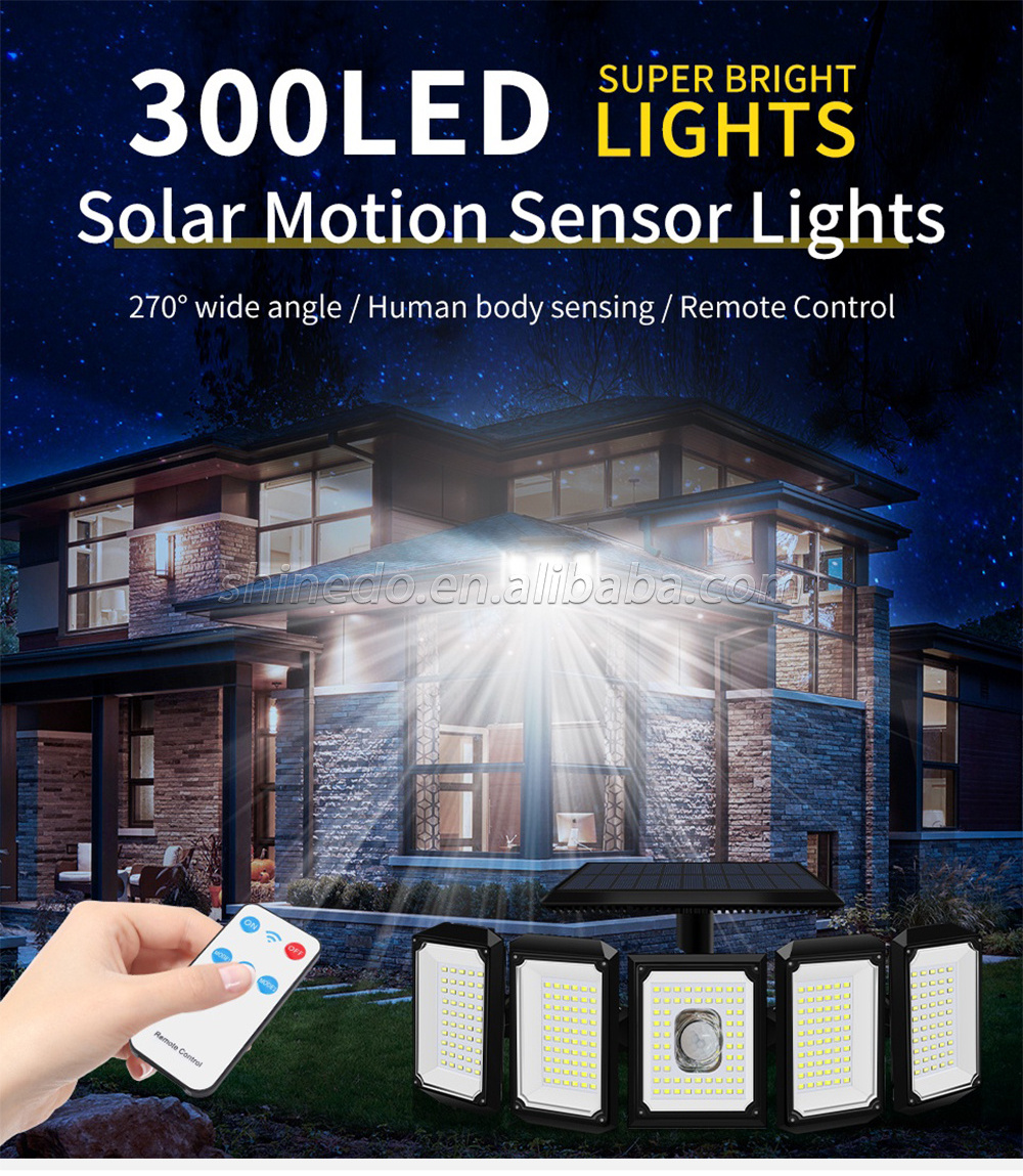 Solar security Light 300 LED IP65 waterproof motion sensor Outdoor 5 head remote control wall light solar light