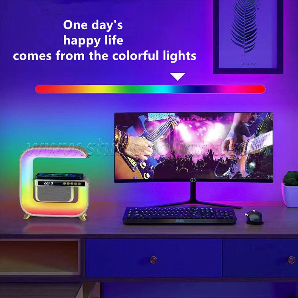 G-shaped Smart Wireless Charger Alarm Clock Bluetooth Speaker with APP Control RGB Atmosphere Desk Lamp Charging LED Lights