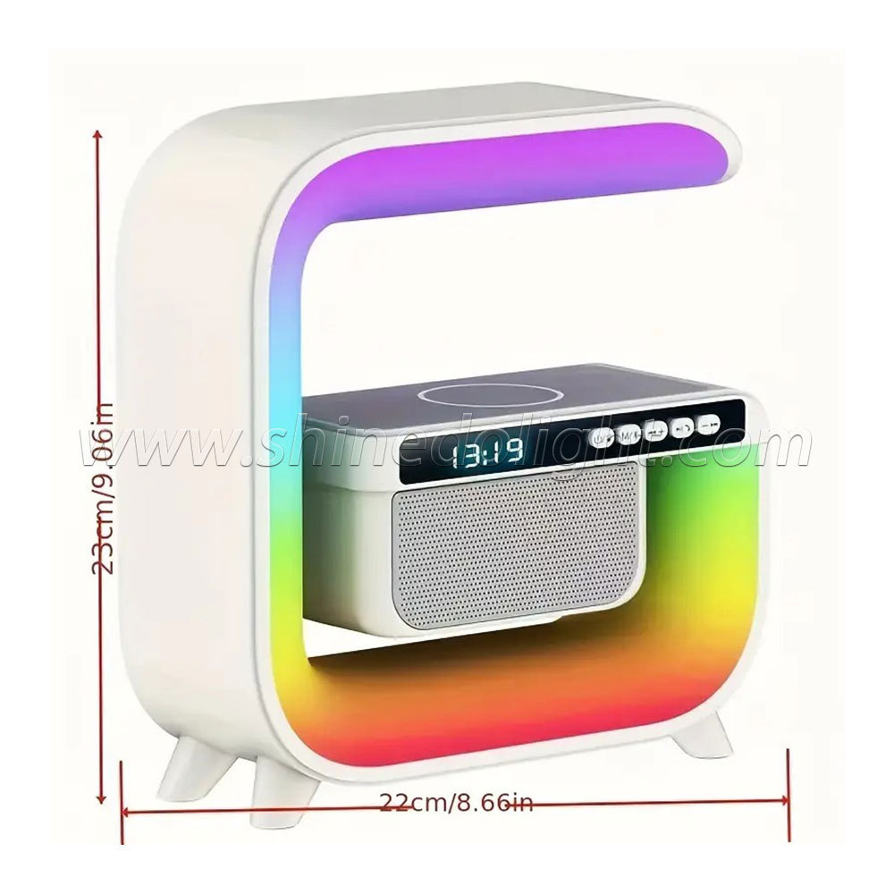 G-shaped Smart Wireless Charger Alarm Clock Bluetooth Speaker with APP Control RGB Atmosphere Desk Lamp Charging LED Lights