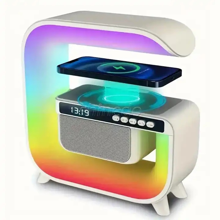 G-shaped Smart Wireless Charger Alarm Clock Bluetooth Speaker with APP Control RGB Atmosphere Desk Lamp Charging LED Lights